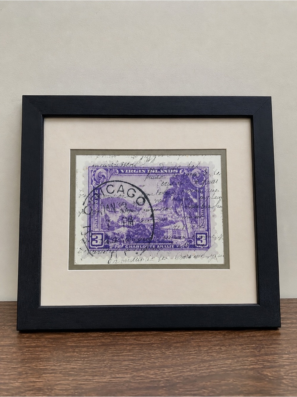 Framed Virgin‎ Islands Postage Stamp Chicago Postmark Travel Art 16x14